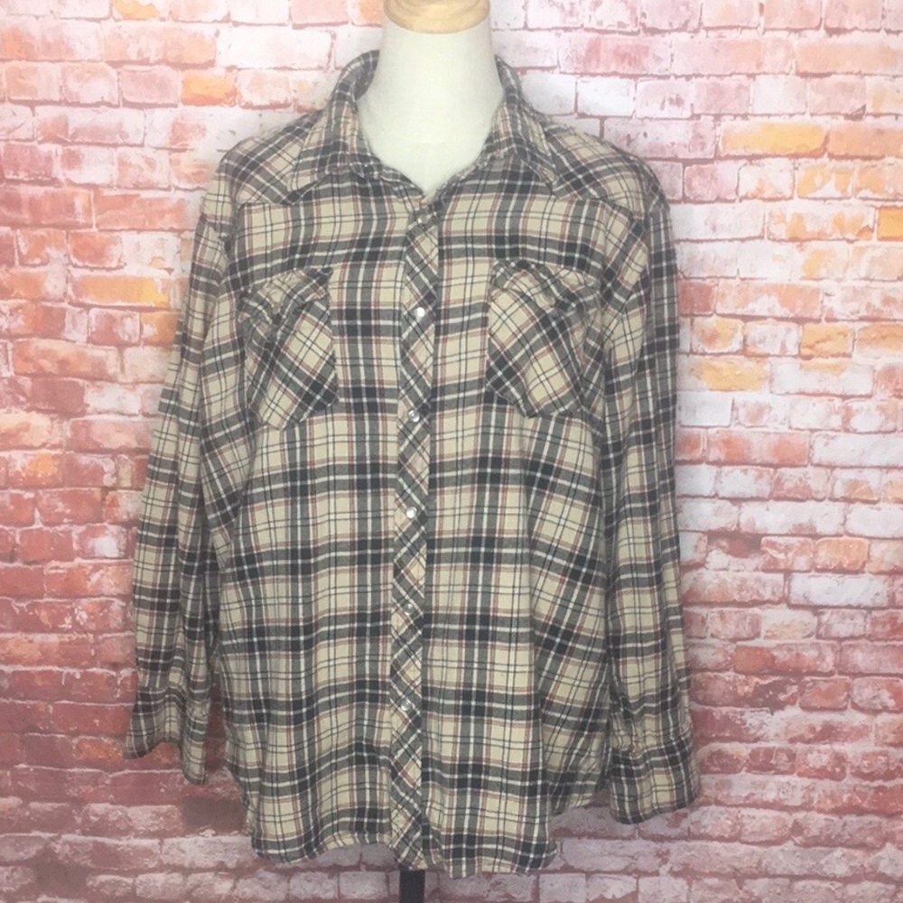 Vintage Wrancher  Tan Plaid Flannel Pear Snap Button Shirt